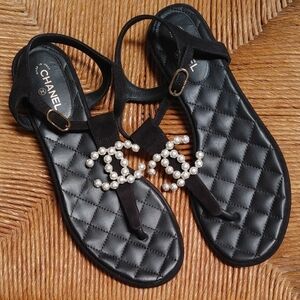 CHANEL Sandals Thongs Black Interlocking C Size 40